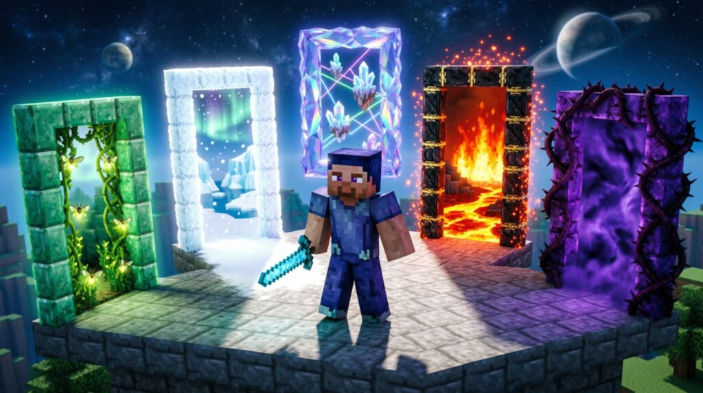 Эпический Minecraft-коллаж: игрок стоит на каменной платформе, а вокруг него открываются порталы в пять разных измерений из DivineRPG. Один портал ведёт в яркий зелёный Эдем, другой — в тёмный фиолетовый Мортум, третий — в огненный Адамант, четвёртый — в ледяной Снежный мир, пятый — в загадочный Кристальный мир.